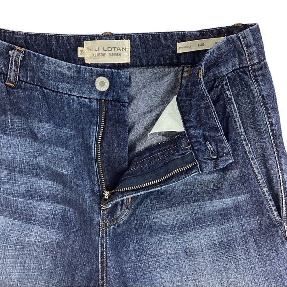 NILI LOTAN Size 25 Paris Crop Drop Crotch Jeans Tapered Leg Blue Denim Raw Edge - Picture 3 of 14